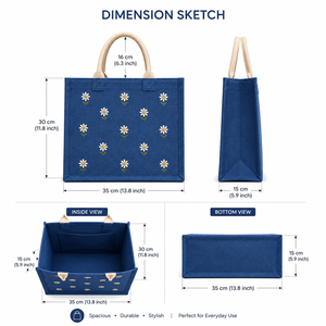 กระเป๋าโท้ทผ้าปอกระเจาสีน้ำเงินลายดอกไม้พร้อมลายปักดอกไม้ - Product Image 2