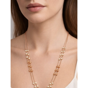 Collier double rangs en or rose 18 carats avec perles pour femme, chaîne délicate à deux brins avec perles blanches, bijoux de mode - Product Image 1