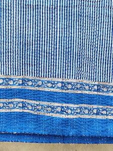 Handmade Blue Striped Cotton <b>Quilted</b> <b>Throw</b> With Floral Border Traditional Indian Home Decor All-Season Use - Product Image 2