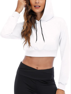 Women <b>White</b> <b>Cropped</b> Hooded <b>Sweatshirt</b> Long Sleeve Solid Color Knitted Breathable Autumn Wear - Product Image 2