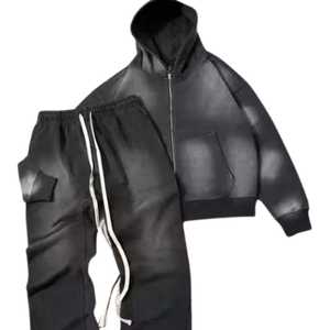 Conjunto de Sudadera con Capucha y Cremallera Estilo Cargo con Lavado Ácido Negro para Hombre, Chaqueta de Forro Polar Vintage y Pantalones Jogger Acampanados, Atuendo Urbano de Invierno - Product Image 2