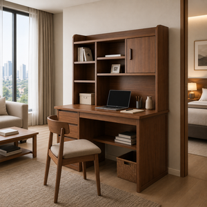 Custom <b>Solid</b> Teak <b>Wood</b> Study <b>Desk</b> with Hutch Modern Home Office Computer Writing Table Storage Cabinet for Apartment Hotel - Product Image 1