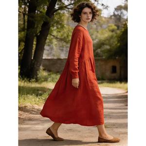 Women <b>Boho</b> Red <b>Long</b> Sleeve Maxi <b>Dress</b> Loose Fit Flowing Casual Vintage Cotton Linen Party <b>Dress</b> - Product Image 3