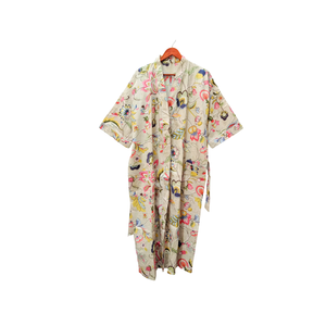 Bata Kimono de Algodón con Estampado Floral Bohemio, Bata de Baño Larga con Estampado a Bloques, Bata Ligera para Descansar, Bata de Algodón con Cintura Ajustable para Resort - Product Image 1