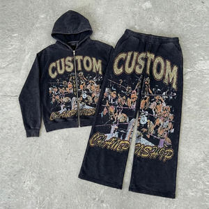 Rhinestones Distressed OEM Custom Print Vintage Digital Printing Black Boxy 400 GSM Heavyweight Men's Hoodie Two-piece Set - Product Image 1