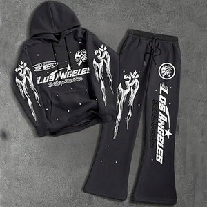 Conjunto Deportivo de Dos Piezas para Hombre, Invierno, Estampado, Transpirable, Forrado, 100% Algodón, Sudadera con Capucha y Pantalones Deportivos Acampanados, Ropa Urbana Personalizada - Product Image 1