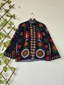 Holiday New Style Indian Soft <b>Velvet</b> Suzani Embroidered Short Duster Jacket,<b>Velvet</b> Bomber & Hippie <b>Coat</b> Winter Warm Outerwear - Product Image 4