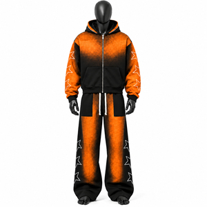 Custom Orange and Black Tracksuit Set with Zip Up Hoodie and Wide Leg Pant Star Print Streetwear Design Premium Matching Outfit - Product Image 1