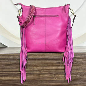 2026 Trendy <b>Pink</b> Floral Hand Tooled Cowhide Leather Fringe <b>Bag</b> New Wholesale Genuine Leather <b>Crossbody</b> Messenger <b>Bag</b> For Women - Product Image 6