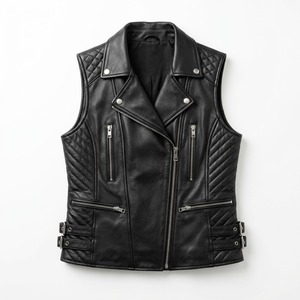 Men's Genuine Leather Moto Vest <b>Biker</b> <b>Waistcoat</b> Turn Down Collar Zipper Quilted Autumn - Product Image 1