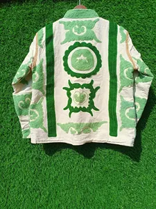 Veste Suzani en velours blanc de qualité supérieure, broderie florale verte, col montant, manches longues, style bohème pour femme, vêtement d'extérieur d'automne - Product Image 4