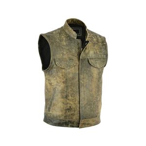 Gilet en cuir véritable marron et noir pour homme, style vintage, col rond, fermeture boutonnée, style motard, pour l'automne - Product Image 2