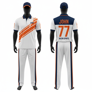 Mens <b>Cricket</b> Uniform 180 GSM Polyester Interlock Breathable <b>White</b> Navy Orange Panel <b>Design</b> Sublimation Custom Logo Team <b>Kit</b> - Product Image 1