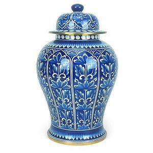 Urne en métal artisanale traditionnelle avec motif floral bleu, vase décoratif rond pour la décoration intérieure, style oriental sous glaçure - Product Image 6