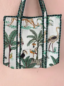 Bolso de mano de algodón acolchado a la moda con estampado de animales de la selva, bolso de compras de gran capacidad para mujer, para todas las estaciones. - Product Image 4