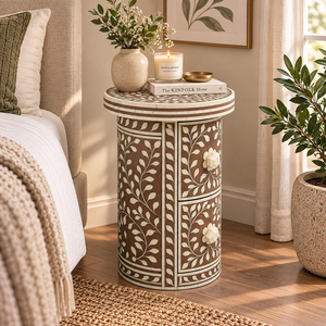 Mesa Auxiliar Floral con Incrustaciones de Hueso Hecha a Mano, Mesita de Noche Personalizable con Cajones, Mesa Decorativa para el Hogar - Product Image 3