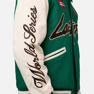 Veste varsity pour homme, verte et blanche, coupe-vent, 100% polyester, logo brodé, col rabattu, style décontracté pour l'hiver - Product Image 4
