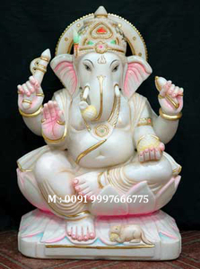 Beautiful Pure Makrana White Marble <b>Religious</b> Lord Ganesh Sitting On Singhasan <b>Statue</b> For Wholesale And Export - Product Image 2