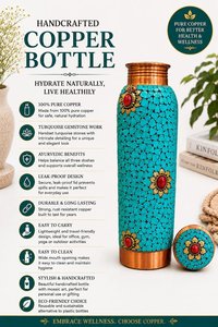 Botella de Agua Bohemia de Cobre con Diseño de Mosaico Turquesa y Detalles de Gemas Rojas, Incluye Tapas Ecológicas - Product Image 6