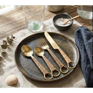Stainless Steel Gold PVD coated <b>Flatware</b> Set of 4 Cutlery Spoon Fork Knife Rattan Handle Classic Wedding Rental Cutlery - Product Image 5