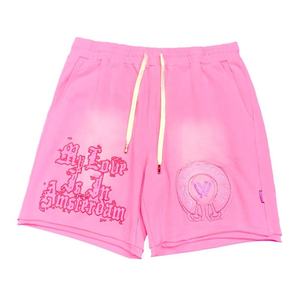 Shorts décontractés en coton rose délavé brodé pour hommes, style streetwear, avec cordon de serrage, mode hip-hop, logo personnalisé - Product Image 1