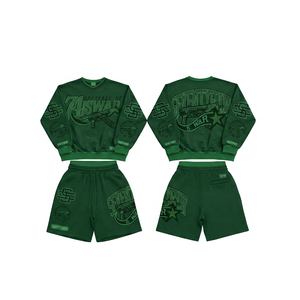 Men's Green Cotton Streetwear <b>Sweatshirt</b> and <b>Shorts</b> Set Crew Neck Knitted Print Autumn Wear - Product Image 1