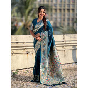 Denim Blue Chandrakor Paithani Silk Banarasi Zari Woven Saree <b>Indian</b> & <b>Pakistani</b> <b>Clothing</b> - Product Image 6