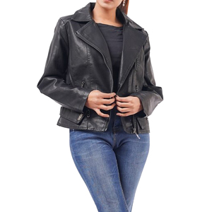 Women's Black PU Leather Moto <b>Jacket</b> Full <b>Sleeve</b> Spread Collar Zipper Closure <b>Short</b> Length Autumn Style - Product Image 2
