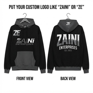 เสื้อฮู้ดดี้โอเวอร์ไซส์พรีเมียม ผ้าฝ้าย 350 GSM ซับในอย่างดี เป็นมิตรต่อสิ่งแวดล้อม สีดำ-เทา ตัดกัน กระเป๋าฮู้ด ปลายแขนริบบิ้น พิมพ์ลายดิจิทัล - Product Image 1