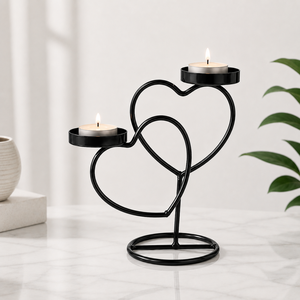 Double Heart Iron Candle Stand <b>Black</b> Metal Holder for Home Decoration Valentine's Day Use Heat Resistant Design - Product Image 3