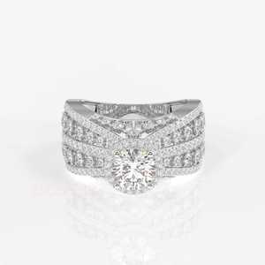 Anillo de cóctel opulento con halo de diamantes cultivados en laboratorio de corte redondo, banda de pavé de varias filas en oro amarillo de 14K, claridad VVS VS, color EF - Product Image 2
