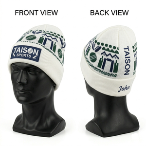 Mens Cricket Beanie Premium 320 GSM Soft Acrylic Knit White Green Blue Pattern Custom Woven Patch Embroidery Logo <b>Winter</b> <b>Cap</b> - Product Image 1