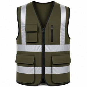 Breathable <b>Mesh</b> Safety Vest Olive Color Reflective Tape Zip Front Multi Pocket Design Construction Workwear Bulk Order 2026 - Product Image 2