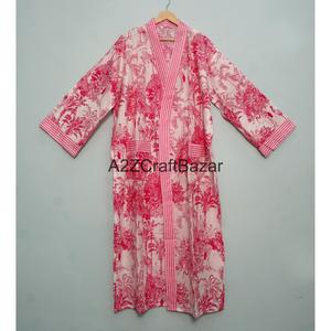 ขายส่งชุดกิโมโนผ้าฝ้ายแท้ 100% ชุดกิโมโนผ้าฝ้ายพิมพ์ลายด้วยมือ ผู้ผลิตเสื้อผ้าสตรี ชุดกิโมโนยาวพร้อมเข็มขัด - Product Image 1