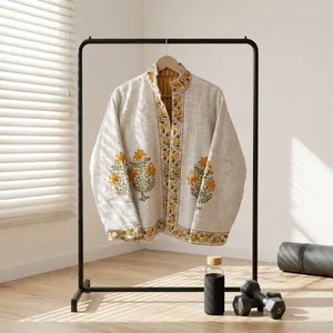Block Print <b>Womens</b> White Embroidered Floral Mandarin Collar Jacket Open Front Prairie Chic <b>Spring</b> <b>Coat</b> - Product Image 1