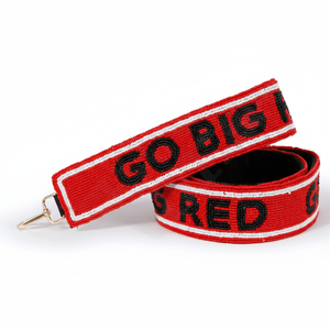 Sangle de sac à main rouge blanc perlé fait à la main GO BIG RED Collegiate Game Day Accessoire-Tailgate Sports Fan Courroie de sac en coton brodé - Product Image 1