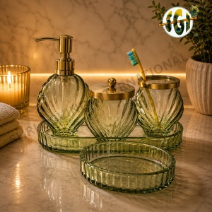 Luxury Glass <b>Bathroom</b> <b>Accessories</b> <b>Set</b> with Gold Finish Soap Dispenser, Toothbrush Holder, Storage Jar & Decorative Tray - Product Image 5