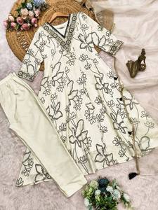 French Crepe Digital Printed Anarkali <b>Kurti</b> Pant Dupatta Set - Product Image 5