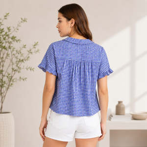 Blusa de popelina de algodón a cuadros azul para mujer, con cuello Peter Pan, manga con volantes, logo frontal, corte holgado, top de primavera/verano - Product Image 4