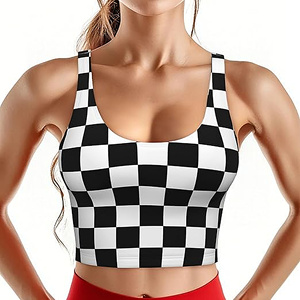 Brassières de sport pour femmes, légères, respirantes, extensibles dans quatre directions, à carreaux, sans coutures, avec soutien-gorge intégré, débardeurs longs sans armatures - Product Image 1