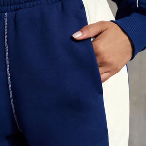 Women's Navy Blue <b>Cropped</b> Zip Up Hoodie White Contrast <b>Stripe</b> Jogger Pants 2 Piece Athletic Tracksuit Set Custom Sportswear - Product Image 6