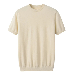 T-shirt décontracté pour homme, uni, crème, manches courtes, 100% coton, col rond, tricoté, coupe classique - Product Image 1