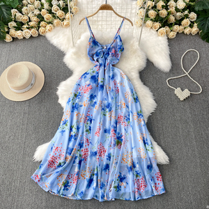 Vestido Camisero Sexy con Cuello en V Estilo Vacaciones en la Playa para Mujer, Verano, Sin Mangas, Floral, Largo, de Gasa, Tejido, Cintura Natural, Dulce - Product Image 1