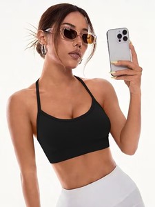 Women Open Back Criss Cross Straps Sports Bra Seamless Ribbed Fitness <b>Crop</b> <b>Top</b> Removable Pads Workout Training Gym Bra - Product Image 6