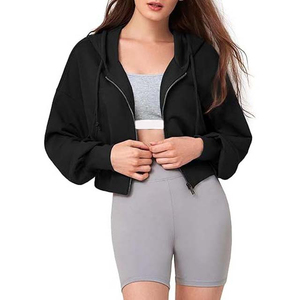 <b>Women's</b> <b>Black</b> Cropped <b>Hoodie</b> <b>Zip</b>-Up Sweatshirt Full Sleeve Solid Color Knitted Cotton Autumn Wear Casual Style - Product Image 3