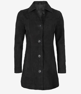 Gabardina Larga Negra para Mujer, Manga Larga, Cuello Camisero, Cierre de Botones, Ropa Exterior Informal para Otoño, Material de Poliéster - Product Image 3