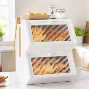 Natural Bamboo Bread Box with Pull Out Drawer and Clear Window 2 Tier <b>Large</b> Capacity Bread <b>Bin</b> for Kitchen Storage and Tongs - Product Image 3