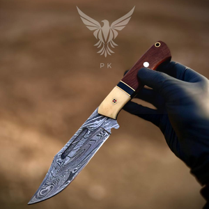 Cuchillo de caza hecho a mano de acero de Damasco con mango de palisandro y hueso, hoja con patrón personalizado, cuchillo premium para camping al aire libre. - Product Image 6