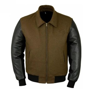 Chaqueta Varsity de Lana Color Oliva para Hombre con Mangas de Spandex/Poliéster, Cuello Alto, Cierre de Cremallera, Logotipo Frontal Personalizable, Ropa de Otoño - Product Image 1