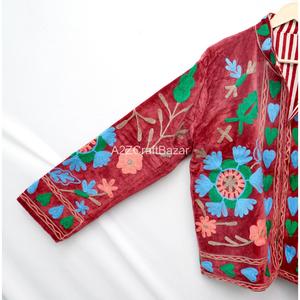 Red <b>Velvet</b> Woven Breathable Embroidered Bomber <b>Jacket</b> with Floral Pattern Mandarin Collar Women's Autumn Style Handmade Craft - Product Image 5
